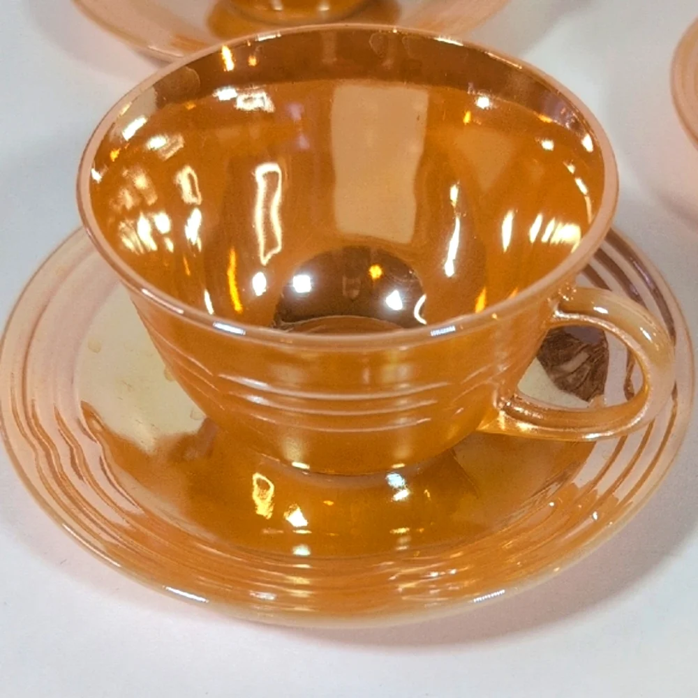 Fire King Set of Three Lustre Teacups with Saucers Vintage